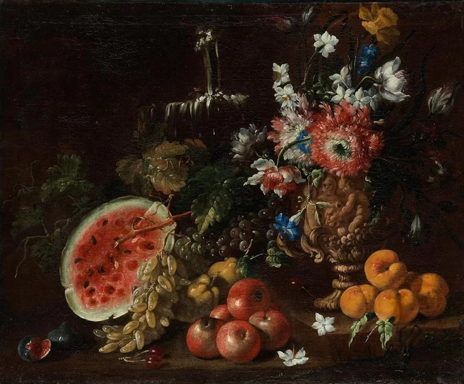 Natura morta con fiori e frutta